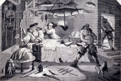 Hudribas attackerar astrologen Sidrophel och hans betjänt Wacum. Gravyr av William Hogarth (1697-1764) för dikten "Hubridas" av Samuel Butler (1600-talet). Omkring 1725 av William Hogarth