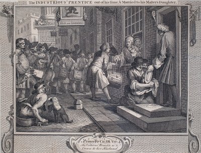 Industri och sysslolöshet: Den industriella lärlingen gift (linjegravering på papper) av William Hogarth