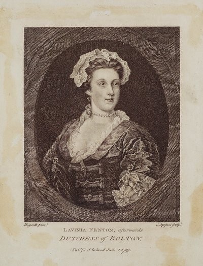 Lavinia Fenton, senare hertiginna av Bolton, graverad av Cornelius Apostool (1762-1844), 1797 (stiplingstickning) av William Hogarth