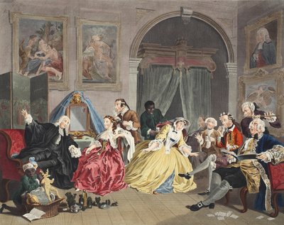 Äktenskap a la Mode, Platta IV, The Toilette, illustration från "Hogarth Restored: The Whole Works of the hyllade William Hogarth, re-graved by Thomas Cook", pub. 1812 (handfärgad gravyr) av William Hogarth