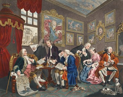 Äktenskap a la Mode, tavla I, The Marriage Settlement, illustration från "Hogarth Restored: The Whole Works of the hyllade William Hogarth, re-graved by Thomas Cook", pub. 1812 (handkolorerad engr av William Hogarth