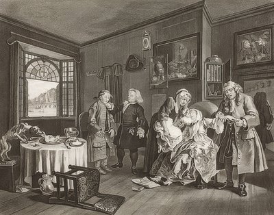 Äktenskap à la Mode / äktenskap enligt mode. Blad 6: The Lady? S Death / Grevinnans självmord. 1745 av William Hogarth