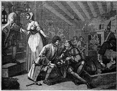 Plåt hämtad från en serie av 12 gravyrer av William Hogarth (1697-1764), brittisk illustratör, med titeln "Industry and Idleness", ""Zele and laziness"" som berättar om karriärerna för två lärlingar: Thomas Idle, skyldig till sina laster, var stannade på e av William Hogarth