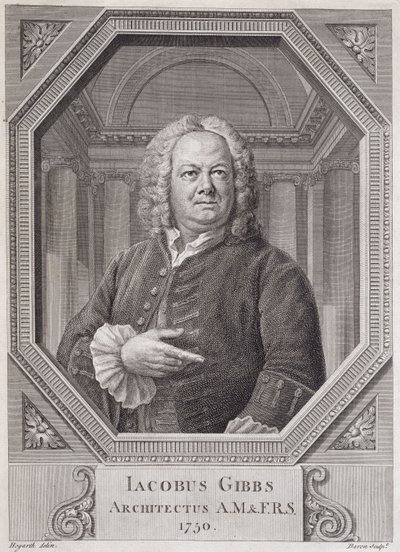 Porträtt av James Gibbs (1682-1754) från "Plans, Sections, and Elevations of the Radcliffe Library", graverat av Bernard Baron (1696-c.1766) 1750 av William Hogarth