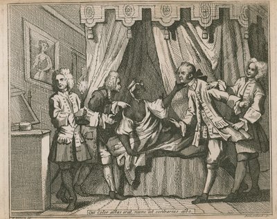 Han som nu var en vit färg är motsatsen till vit; Fyra män konfronterar en svart kvinna i hennes sovrum av William Hogarth
