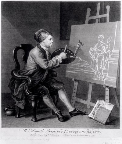 Självporträtt som målar den komiska musan, graverad av konstnären, pub. 1758 av William Hogarth