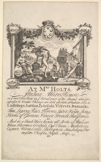 Butikskort för fru Holts italienska lager, 1720-72. av William Hogarth