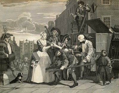 Gatuscener i London, av William Hogarth (1697-1764), gravyr, England av William Hogarth