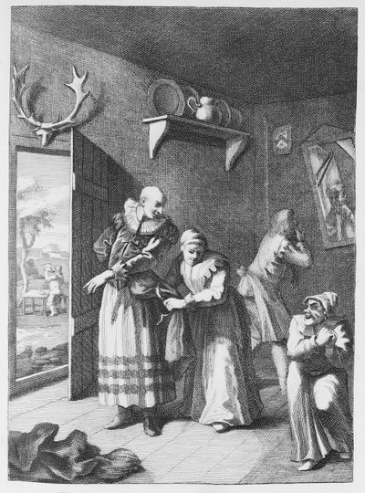 Kuraten och frisören äcklar sig själva för att föra hem Don Luixote av William Hogarth