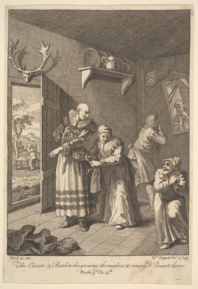 Kuraten och frisören döljer sig för att förmedla Don Quijote Home Six I..., 1756 eller senare. av William Hogarth