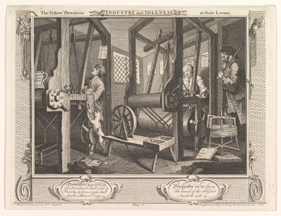 The Fellow Prentices at their Looms Industry and Idleness, skylt 1, 30 september 1747. av William Hogarth