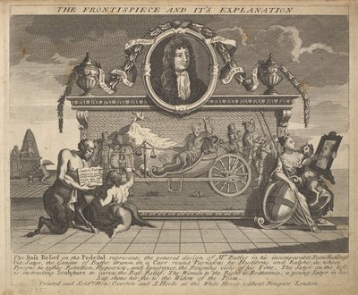 Frontispicen och dess förklaringsplatta 1: Illustrationer till Samuel Butlers Hud..., 1725-30. av William Hogarth