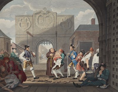 Porten av Calais, eller O Rostbiffen i det gamla England, illustration från "Hogarth Restored: Hela verken av den berömde William Hogarth, ingraverad av Thomas Cook", pub. 1812 (handkolorerad sv av William Hogarth