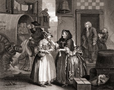 The Harlots Progress insnärjd av en anskaffning, från The Works of Hogarth publicerad London 1833 (bw gravyr) av William Hogarth