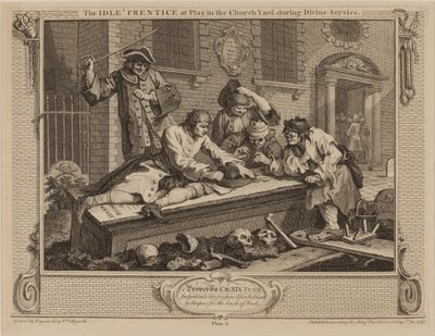 Den lediga lärlingen på lek på kyrkgården, under gudstjänsten av William Hogarth