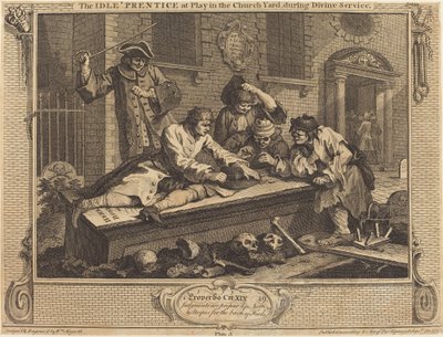 Den lediga lärlingen på lek i kyrkans gård, under gudstjänsten av William Hogarth