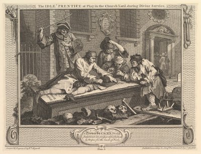 The Idle Prentice at Play in the Churchyard: Industry and Idleness, skylt 3, 30 september 1747. av William Hogarth