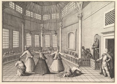 Insidan av en moské reser dervischerna som dansar Aubry de La Mottrayes genom..., 1723-24. av William Hogarth