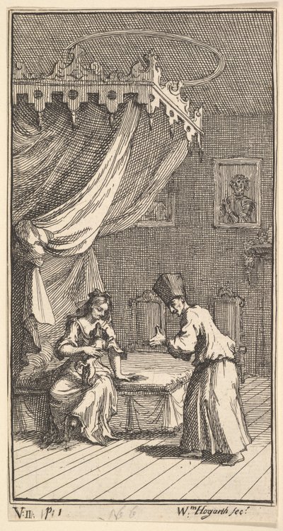 The New Metamorphosis, Plate 5: Fantasio, Transformed into a Lapdog, in the with Donna The..., 1724. av William Hogarth