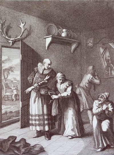 Kuraten och frisören klär ut sig för att ta Don Quijote av William Hogarth