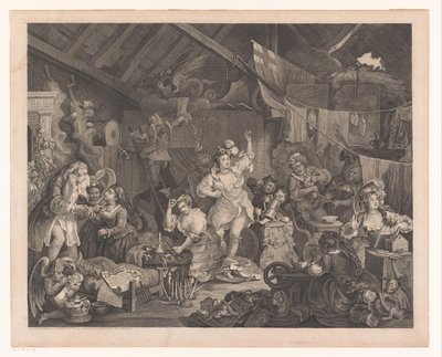 Utklädda skådespelerskor och barn i en lada Promenerande skådespelerskor som klär sig i en lada av William Hogarth