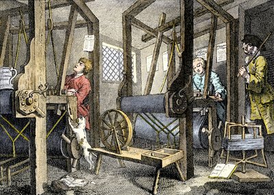 Verkstad och arbetare med vävmaterial i Spitalfields, England av William Hogarth