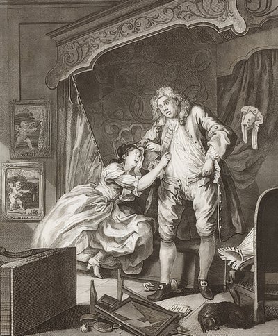 Tvådelat avsnitt: Före och efter. Blad 2: Efter / Efter. 1736 av William Hogarth