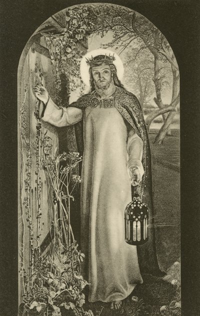 The Light of the World, målning i Keble College, Oxford, Oxfordshire, föreställande Kristus bärande en lykta och knackar på en dörr (s/v foto) av William Holman (after) Hunt