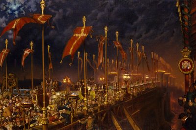 London Bridge under natten då prinsen och prinsessan av Wales gifte sig, 1863-6 av William Holman Hunt