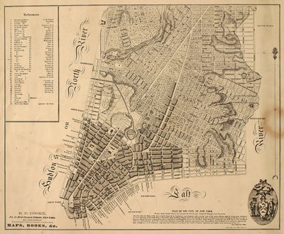 Plan över staden New York [så långt norrut som East 31st Street], 1817 (svart bläck på papper, med tyg på baksidan) av William Hooker