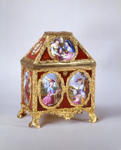 George III kista innehållande en kantklocka på samma sätt som James Cox, ca 1770 (förgylld metall, emalj & verre-eglomise) (se även 741846) av William Hopkins Craft