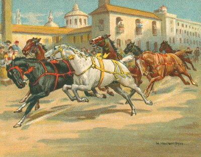 Tävlar historiska och moderna, ryttarelösa hästkapplöpningar i Italien (chromolitho) av William Hounsom Byles