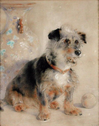 Terrier sittande framför en Canton Famille Rose Vase av William Huggins