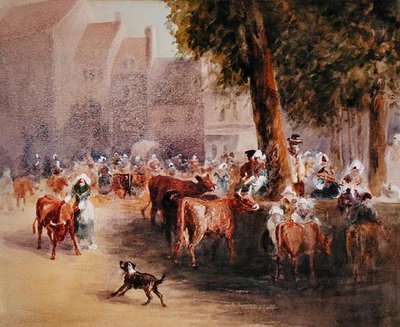 Tidig morgon i byns boskapsmarknad (akvarell på papper) av William Hunt