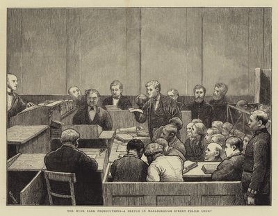 Hyde Park-processerna, en skiss från Marlborough Street Police Court av William III Bromley