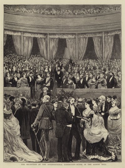 Mottagningen på den internationella utställningen, scen i Albert Hall gravyr av William III Bromley