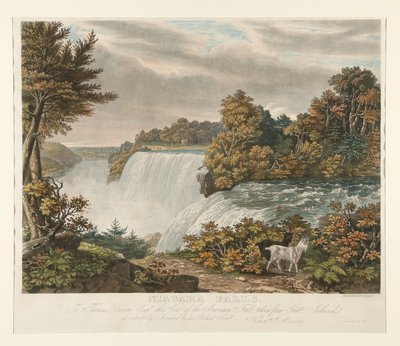 Niagarafallen. Till Thomas Dixon Esq. är denna vy över American Fall, sedd från Goat Island, vördnadsfullt tillägnad av William James Bennett