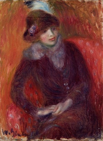 Sittande kvinna med pälshals och röd bakgrund av William James Glackens