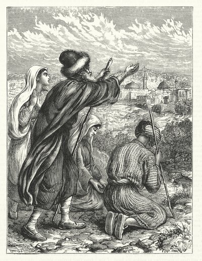 Judiska pilgrimer i sikte på Jerusalem (gravyr) av William James Webbe