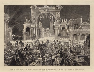 Upplysningarna i Calcutta under besöket av prinsen av Wales, folkmassan på gatorna av William John Hennessy