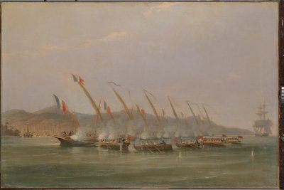 Kapten Robert Maunsell tillfångatar franska kanonbåtar utanför Java, juli 1811, ca 1811 (olja på duk) av William John Huggins