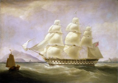 Indiamanbåten "Triton" utanför Kinas kust, med en liten lokal båt i bakgrunden. Olja på duk av William John Huggins