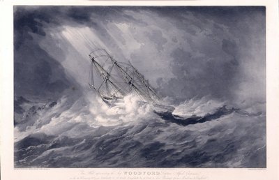 Fartyget "Woodford" (byggt 1819, i Bristol, England), ägare och kapten Alfred Chapman, 1824, på väg mellan Madras (Indien) och England, fångad i stormen av William John Huggins