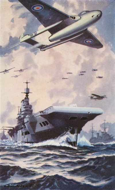 Brittiskt hangarfartyg (färg litho) av William John Patton McDowell