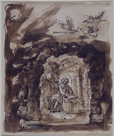 Alexander Pope i sin grotta (penna och bläck med tvätt på papper) av William Kent