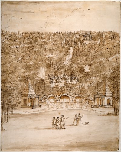 Chatsworth: design för en Cascade, tidigt 1740-tal (Penna och brunt bläck med brun tvätt över penna på papper) av William Kent