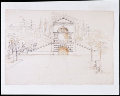 Chiswick, design för en pedimenterad kaskad kombinerad med en vägbro i slutet av kanalen (penna & bläck och tvätt på papper) av William Kent