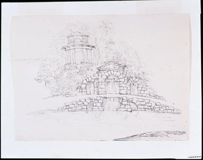 Chiswick, design för en stenordskaskad med ett åttakantigt doriskt tempel på terrassen bakom (penna och bläck över penna på papper) av William Kent