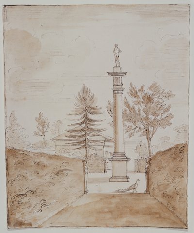 Chiswick, utsikt över den doriska kolumnen med Venus de Medici-statyn och en glimt av sidan av hjorthuset (penna och bläck på papper) av William Kent