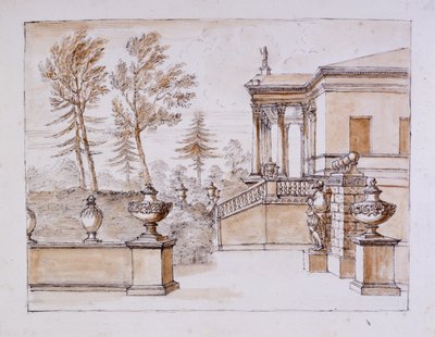 Chiswick, utsikt över villan på Inigo Jones-statyns sida (penna & bläck och skölj över penna på papper) av William Kent